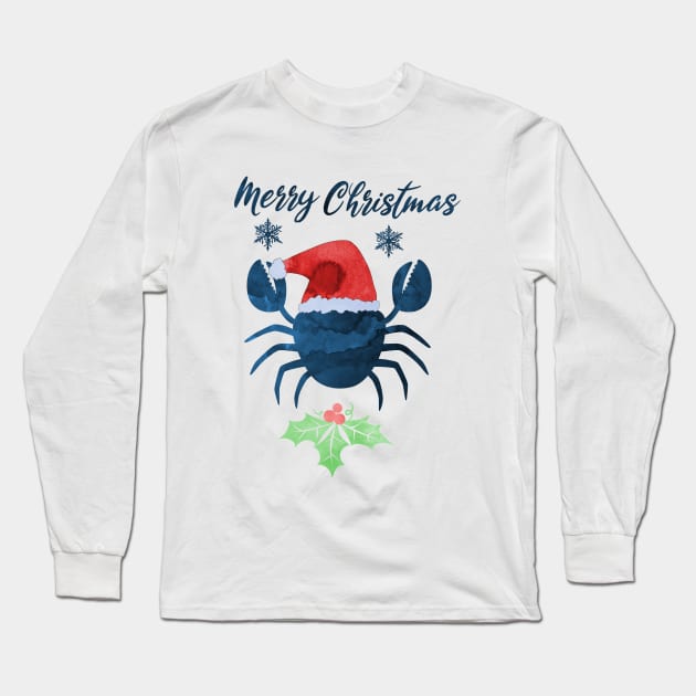 Christmas Crab - Coastal Xmas Artwork Long Sleeve T-Shirt by TheJollyMarten